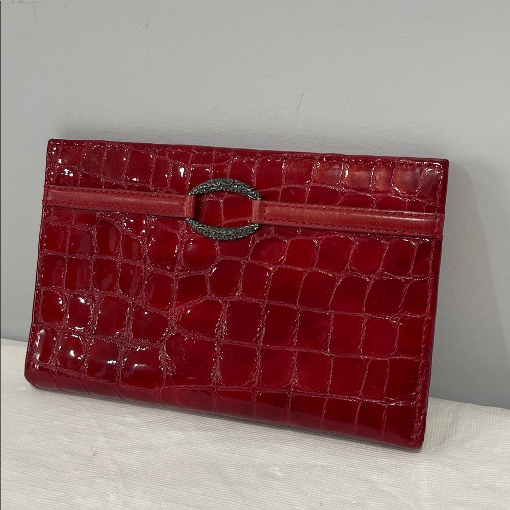 Brighton Red Croc Cher Portfolio Wallet patent red leather vintage pen pocket - Picture 2 of 15